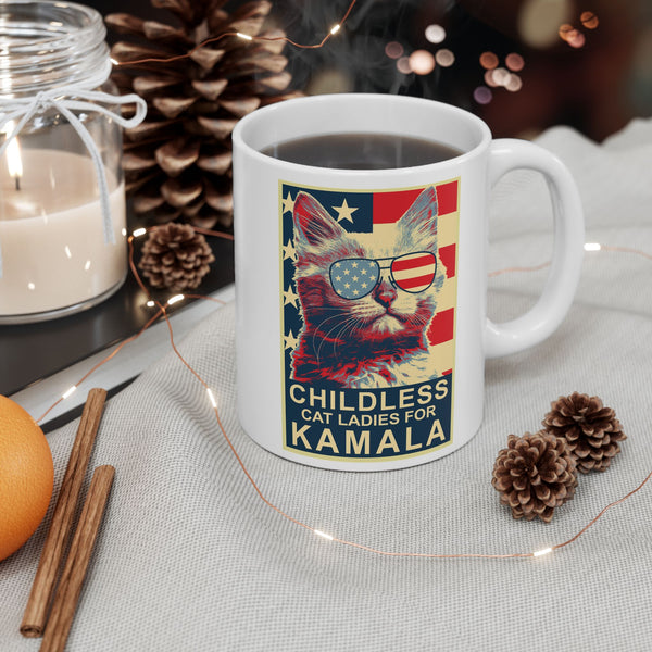 Childless Cat Lady Kamala, Ladies for Kamala Harris President 2024 White glossy Tea Coffee mug Ceramic Mug, (11oz, 15oz)