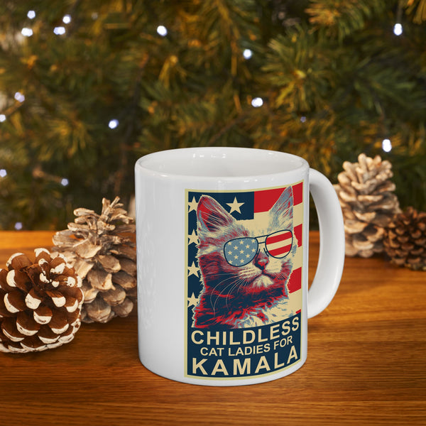 Childless Cat Lady Kamala, Ladies for Kamala Harris President 2024 White glossy Tea Coffee mug Ceramic Mug, (11oz, 15oz)