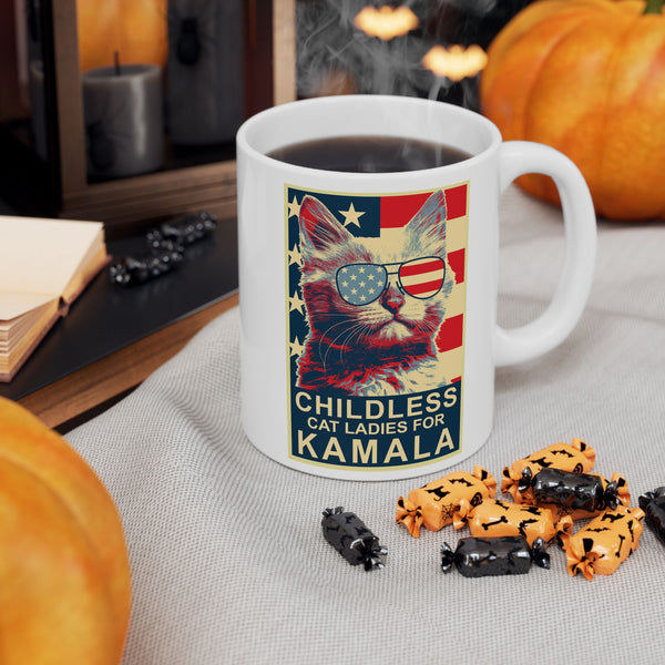 Childless Cat Lady Kamala, Ladies for Kamala Harris President 2024 White glossy Tea Coffee mug Ceramic Mug, (11oz, 15oz)