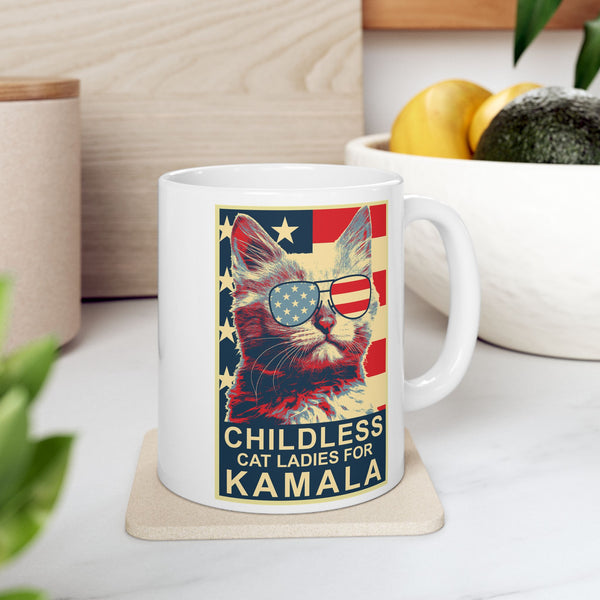 Childless Cat Lady Kamala, Ladies for Kamala Harris President 2024 White glossy Tea Coffee mug Ceramic Mug, (11oz, 15oz)