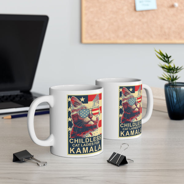 Childless Cat Lady Kamala, Ladies for Kamala Harris President 2024 White glossy Tea Coffee mug Ceramic Mug, (11oz, 15oz)