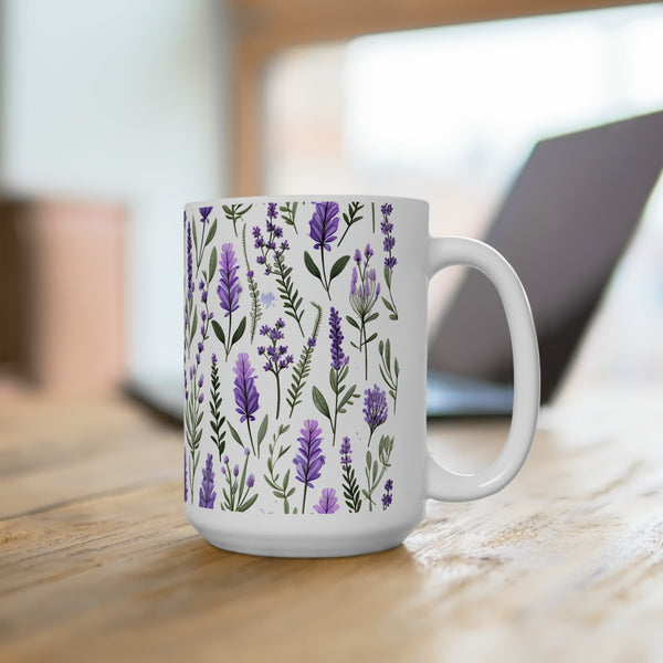 Lavender Serenity Purple Blooms and Green Leaves Floral, Cottagecore Mug, Cherry Blossoms Mug, Botanical Tea Cup, Boho Flower Mug