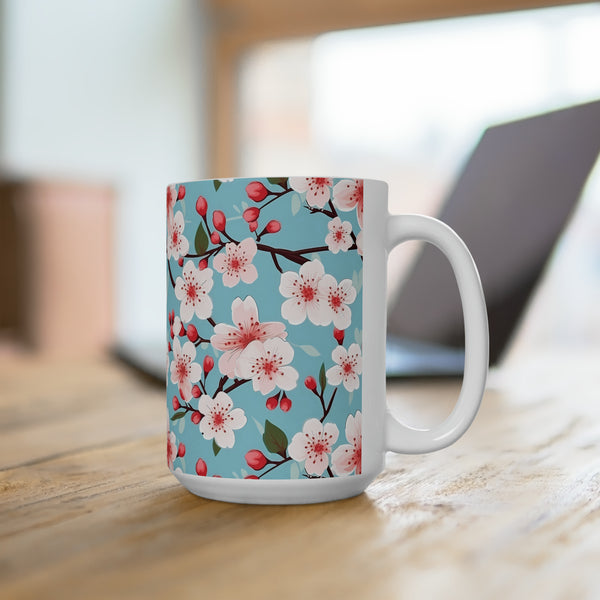 Serenade of Cherry Blossoms- Light Pink on Baby Blue, Cottagecore Mug, Cherry Blossoms Mug, Botanical Tea Cup, Boho Flower Mug, Floral Mug