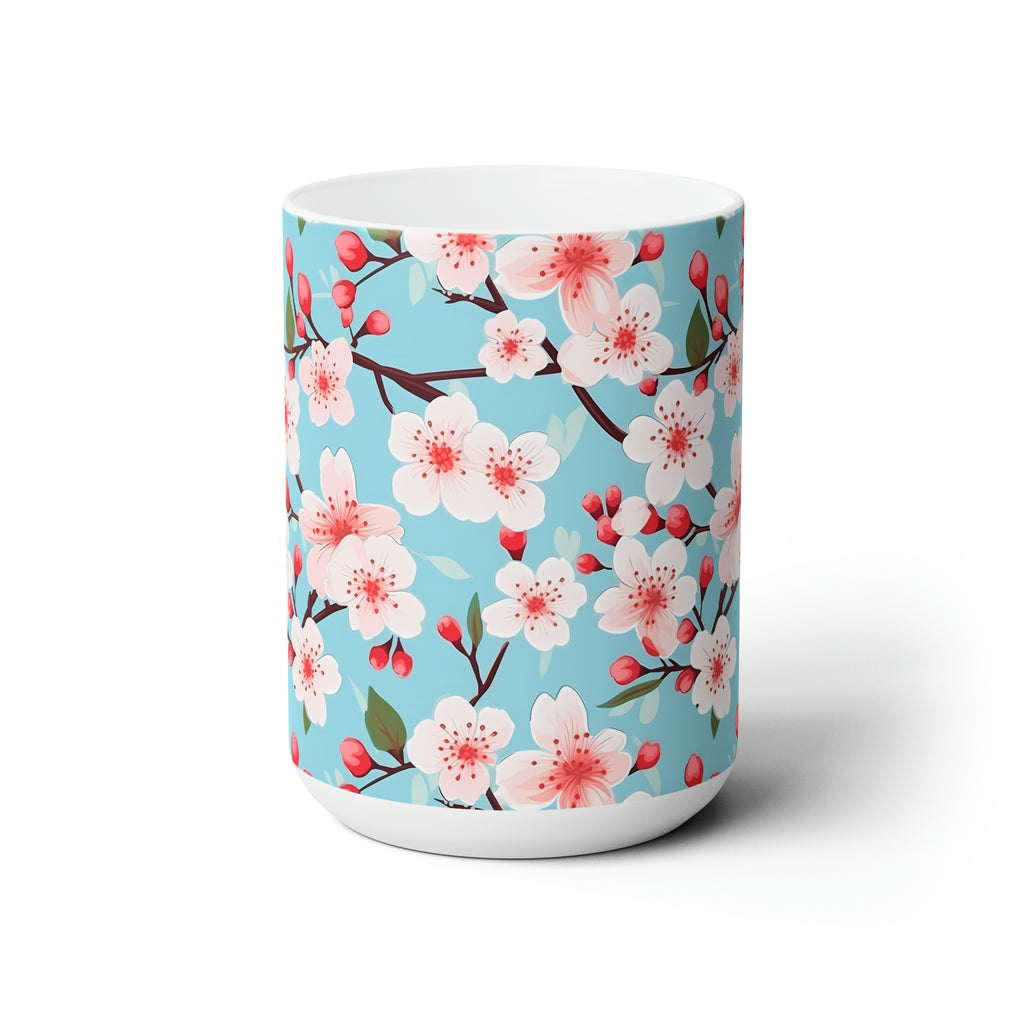Serenade of Cherry Blossoms- Light Pink on Baby Blue, Cottagecore Mug, Cherry Blossoms Mug, Botanical Tea Cup, Boho Flower Mug, Floral Mug