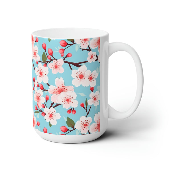 Serenade of Cherry Blossoms- Light Pink on Baby Blue, Cottagecore Mug, Cherry Blossoms Mug, Botanical Tea Cup, Boho Flower Mug, Floral Mug