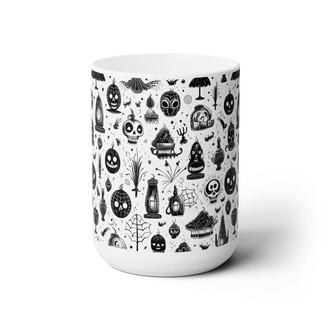 Vintage Black and White Scary Halloween - Hauntingly Scary Halloween Spooky Season White Ceramic Mug, Vivid colors, Halloween mug