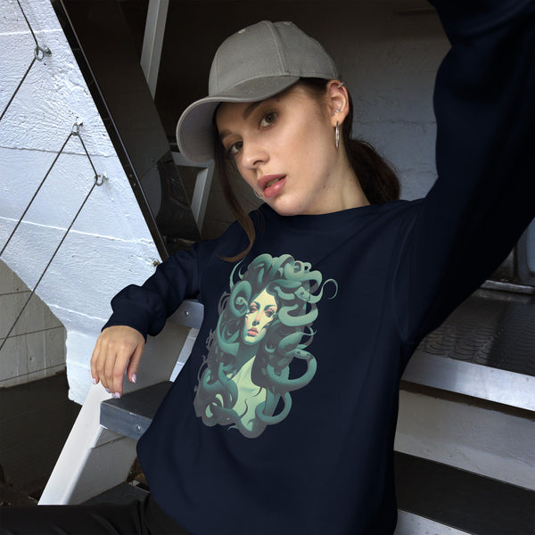 Medusa's Gaze: Serene Beauty in Emerald Hues- Medusa Sweatshirt, Gorgon Medusa Comfy Sweatshirt, Greek Mythology Unisex Sweatshirt